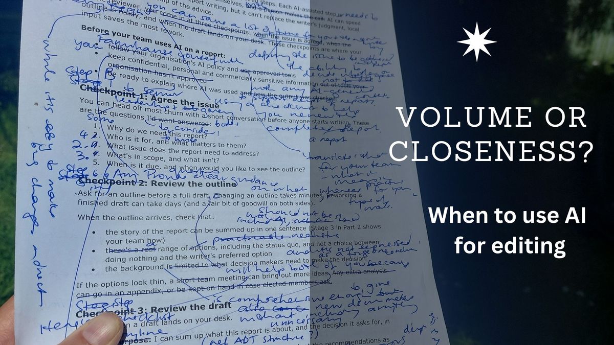 A hand holding a printed draft covered in handwritten blue-pen edits, with the words ‘Volume or closeness? When to use AI for editing’.